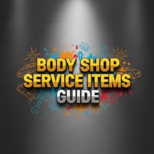 Vector illustration with a brushed gunmetal steel background and central spotlight glow, featuring large yellow 3D text reading “BODY SHOP SERVICE ITEMS GUIDE,” surrounded by automotive icons such as wrenches and paint splatters.